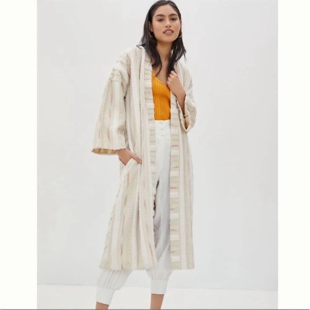 Anthro Cream Striped Long Duster cardigan jacket - Picture 1 of 5
